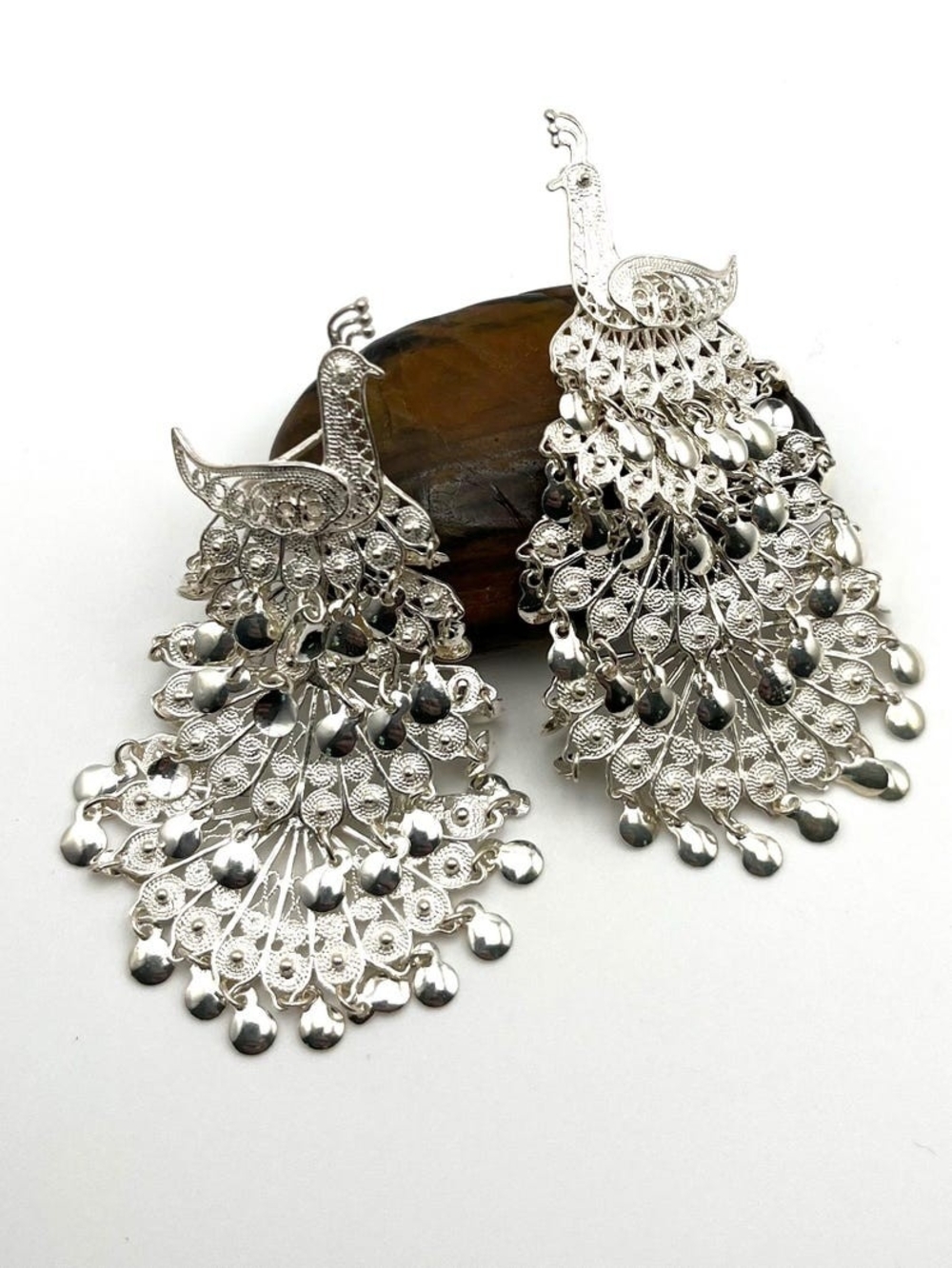 Vintage 925 Silver Articulated Peacock Earrings - Picture 2 of 10